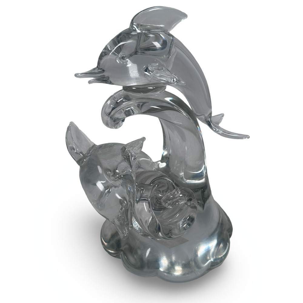 Vintage Murano MCM Clear Hand Blown Glass Dolphins Fish Waves Sculpture‎ Heavy